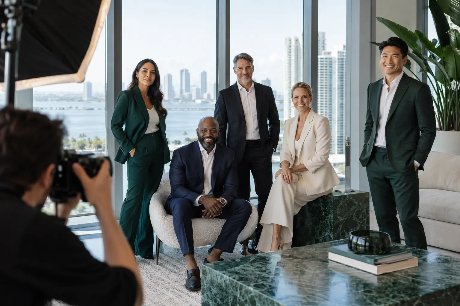 Corporate team portrait production in a modern Miami office