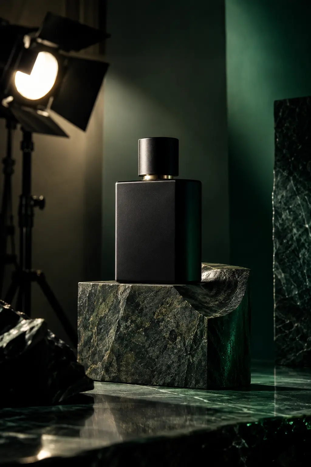 Luxury product photography setup with dramatic green lighting